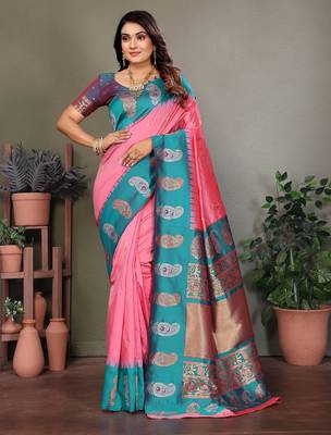 Baby pink silk blend silver golden zari weaving banarasi saree with paisley zari border 1