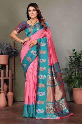Baby pink silk blend silver golden zari weaving banarasi saree with paisley zari border