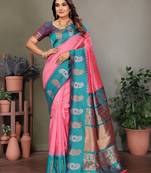 Baby pink silk blend silver golden zari weaving banarasi saree with paisley zari border