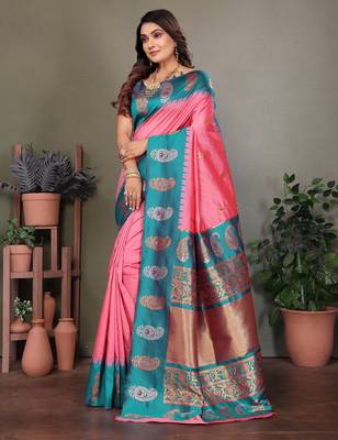 Baby pink silk blend silver golden zari weaving banarasi saree with paisley zari border 2