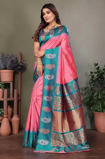 Baby pink silk blend silver golden zari weaving banarasi saree with paisley zari border