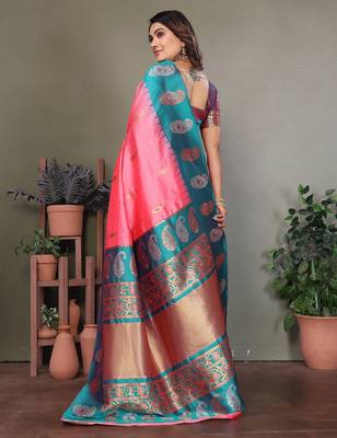 Baby pink silk blend silver golden zari weaving banarasi saree with paisley zari border 3