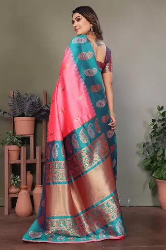 Baby pink silk blend silver golden zari weaving banarasi saree with paisley zari border