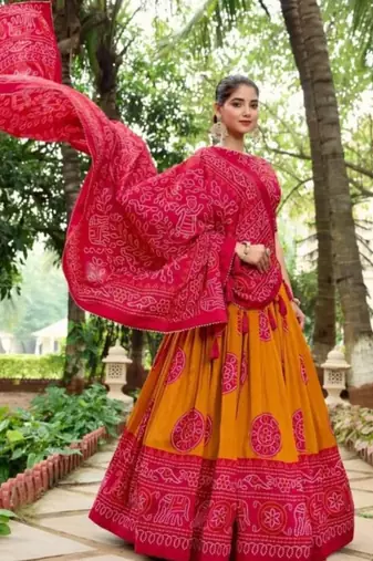 Rani Pink Tussar Silk Bandhej Print Lehenga Set with Gotta Patti Dupatta