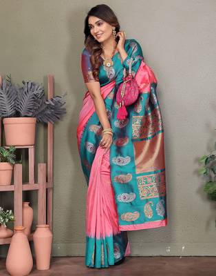 Baby pink silk blend silver golden zari weaving banarasi saree with paisley zari border 4