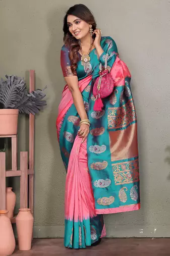 Baby pink silk blend silver golden zari weaving banarasi saree with paisley zari border