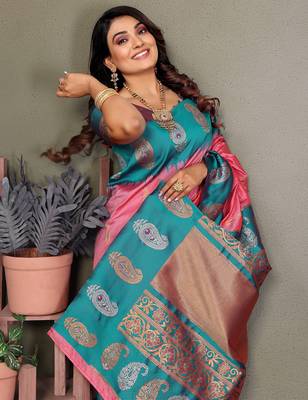 Baby pink silk blend silver golden zari weaving banarasi saree with paisley zari border 5