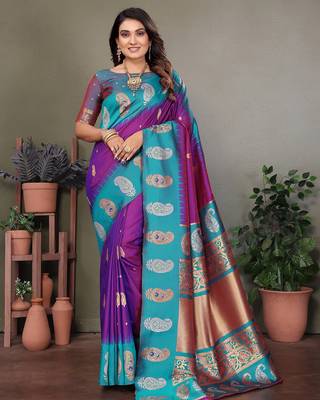 Purple silk blend silver golden zari weaving banarasi saree with paisley zari border 1