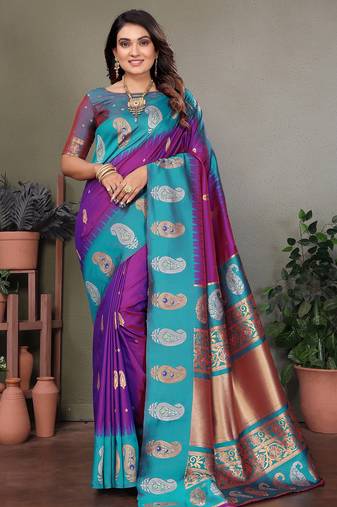 Purple silk blend silver golden zari weaving banarasi saree with paisley zari border