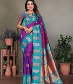 Purple silk blend silver golden zari weaving banarasi saree with paisley zari border