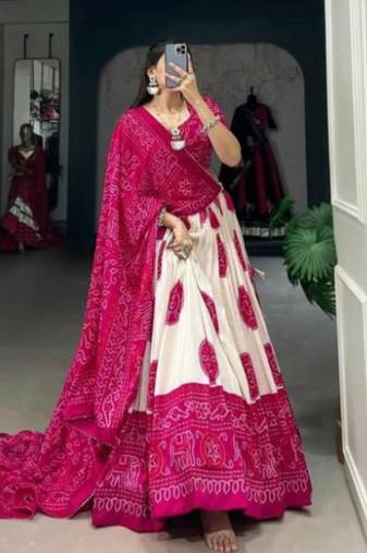 Pink Tussar Silk Bandhej Print Lehenga Set with Gotta Patti Dupatta