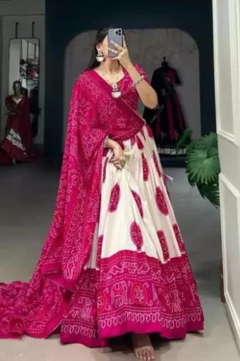 Pink Tussar Silk Bandhej Print Lehenga Set with Gotta Patti Dupatta
