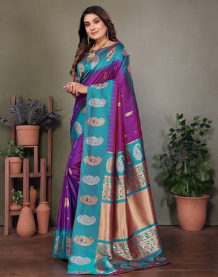 Purple silk blend silver golden zari weaving banarasi saree with paisley zari border 2
