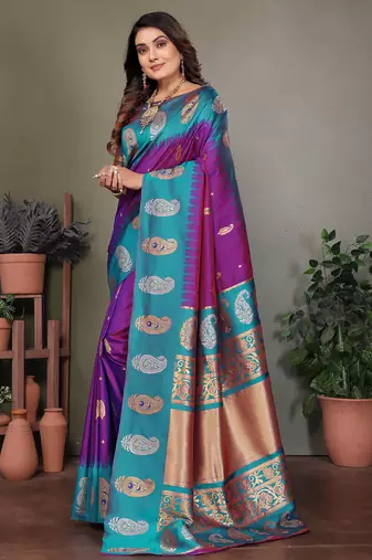 Purple silk blend silver golden zari weaving banarasi saree with paisley zari border