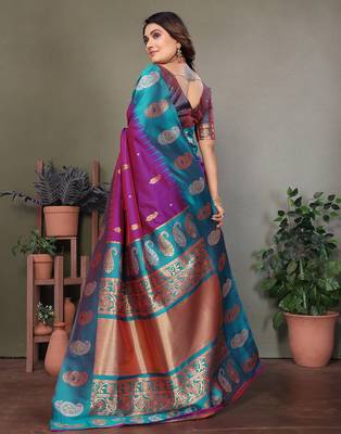 Purple silk blend silver golden zari weaving banarasi saree with paisley zari border 3