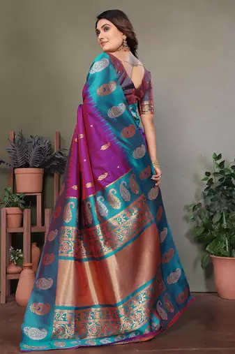 Purple silk blend silver golden zari weaving banarasi saree with paisley zari border