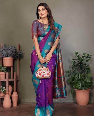 Purple silk blend silver golden zari weaving banarasi saree with paisley zari border 4