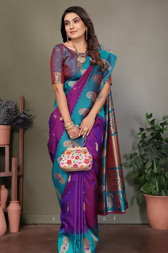 Purple silk blend silver golden zari weaving banarasi saree with paisley zari border