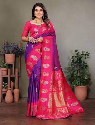 Purple silk blend silver golden zari weaving banarasi saree with paisley zari border 1