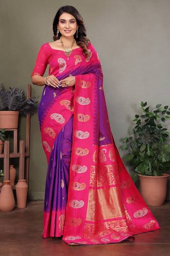 Purple silk blend silver golden zari weaving banarasi saree with paisley zari border