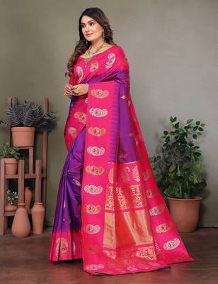 Purple silk blend silver golden zari weaving banarasi saree with paisley zari border 2