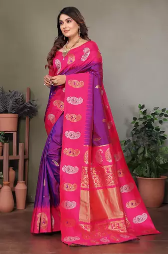 Purple silk blend silver golden zari weaving banarasi saree with paisley zari border