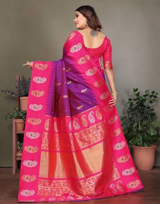 Purple silk blend silver golden zari weaving banarasi saree with paisley zari border 3