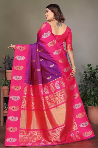 Purple silk blend silver golden zari weaving banarasi saree with paisley zari border