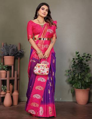 Purple silk blend silver golden zari weaving banarasi saree with paisley zari border 4