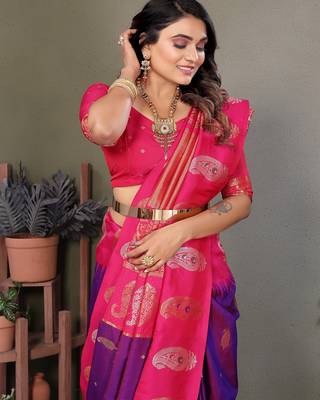 Purple silk blend silver golden zari weaving banarasi saree with paisley zari border 5