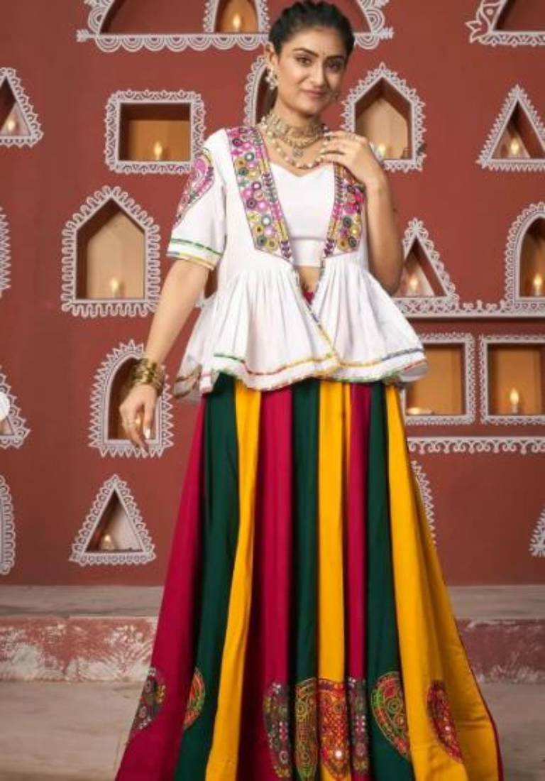 Colorful Traditional Bandhani Lehenga with Embroidered White Peplum Jacket