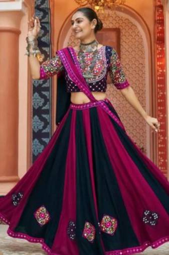Embroidered Magenta and Navy Blue Mirror Work Chaniya Choli for Navratri