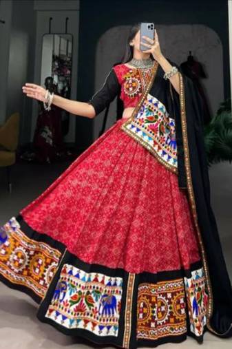 Traditional Red Cotton Lehenga with Mirror & Embroidery Work