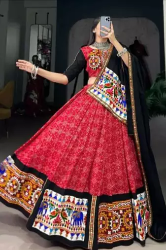 Traditional Red Cotton Lehenga with Mirror & Embroidery Work