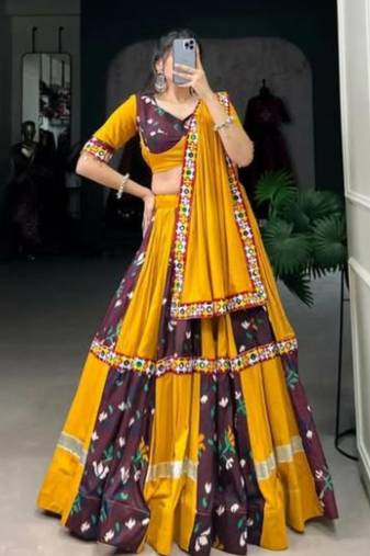 Vibrant Mustard & Maroon Printed Mirror Work Lehenga Set