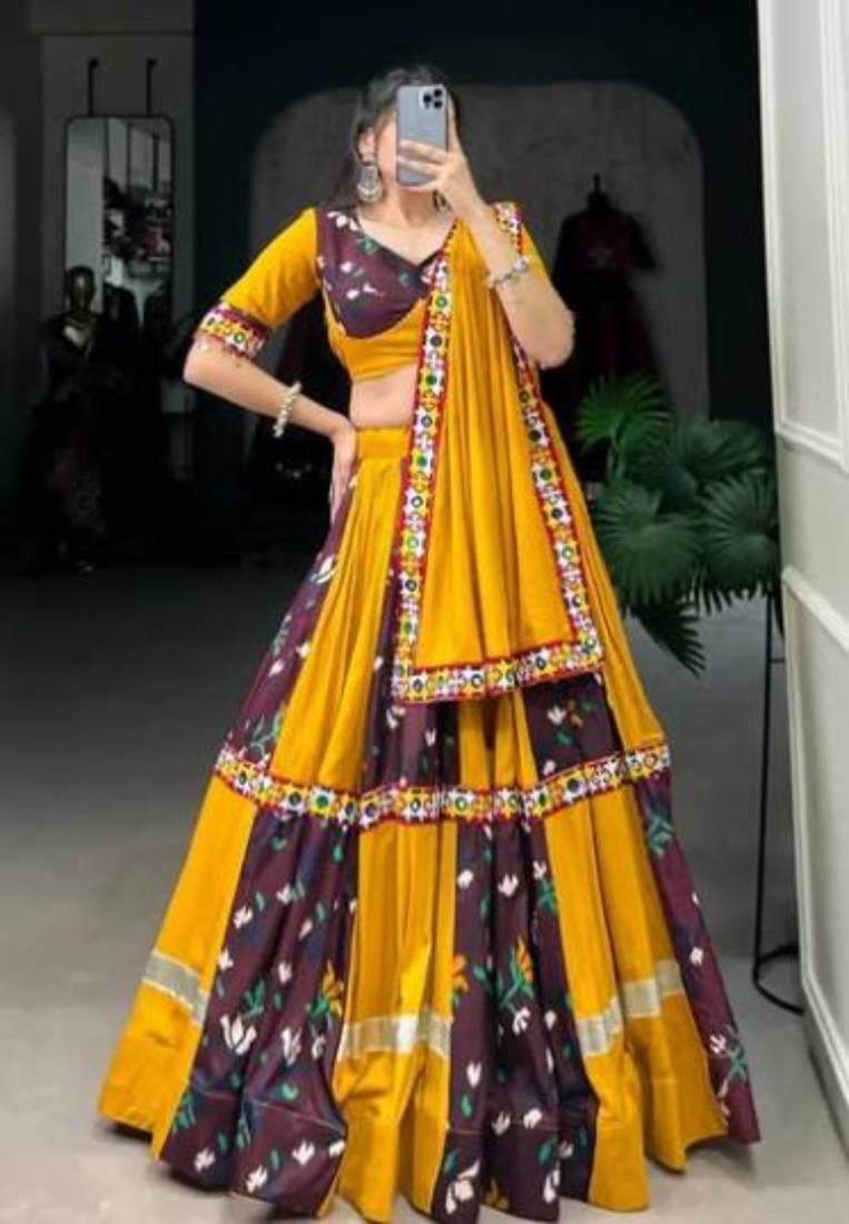 Vibrant Mustard & Maroon Printed Mirror Work Lehenga Set