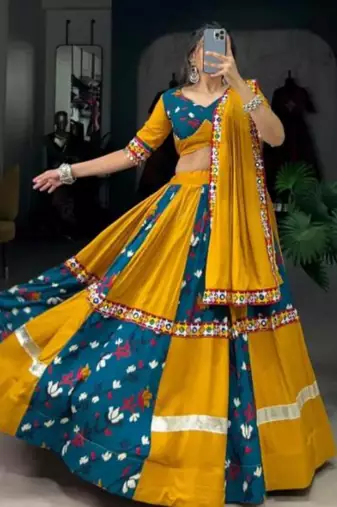 Vibrant Mustard & Teal Printed Mirror Work Lehenga Set