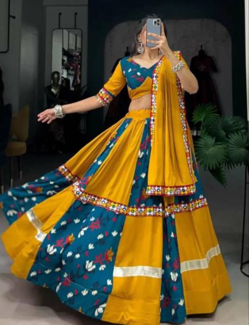 Vibrant Mustard & Teal Printed Mirror Work Lehenga Set