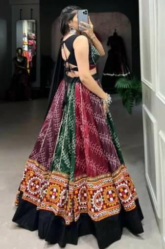 multi colour Bandhani Lehenga with Intricate Embroidered Border and Black Dupatta
