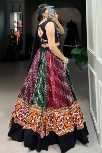 multi colour Bandhani Lehenga with Intricate Embroidered Border and Black Dupatta