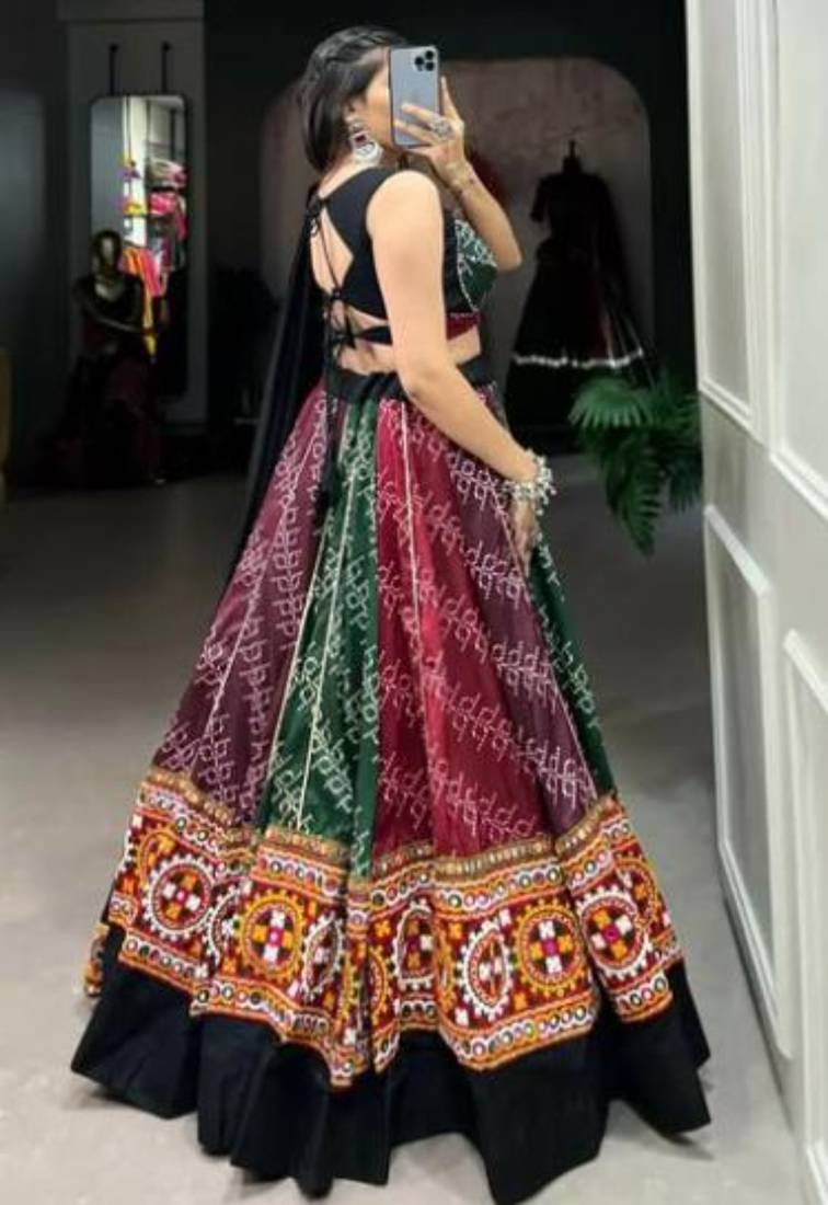 multi colour Bandhani Lehenga with Intricate Embroidered Border and Black Dupatta
