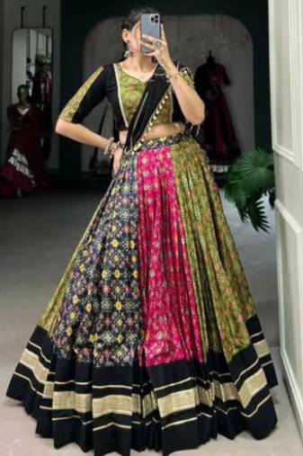 Multicolor Floral Printed Lehenga with Elegant Black and Gold Border
