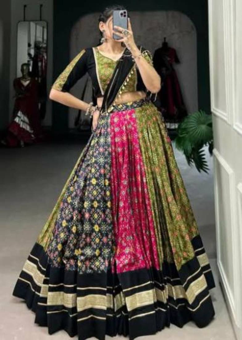 Multicolor Floral Printed Lehenga with Elegant Black and Gold Border