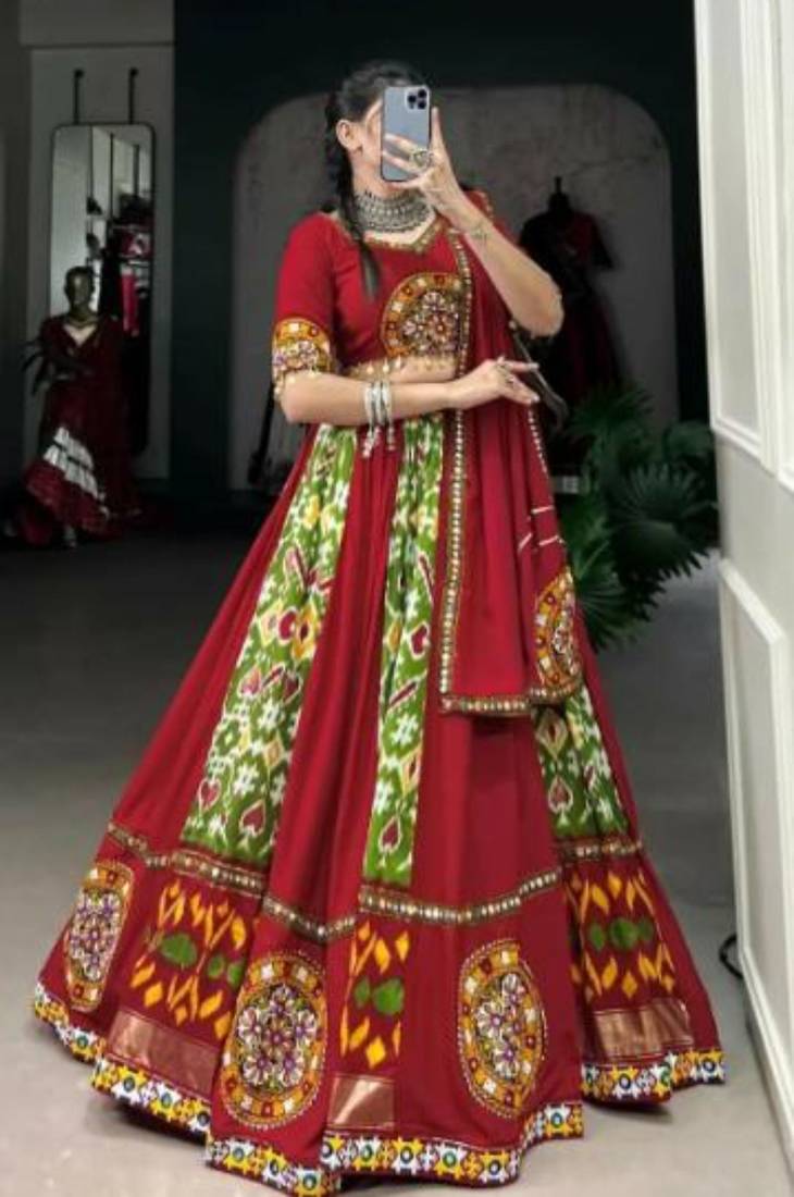 Rich Red Lehenga with Intricate Ikat and Embroidered Mirror Work
