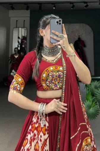 Rich Maroon Lehenga with Intricate Ikat and Embroidered Mirror Work