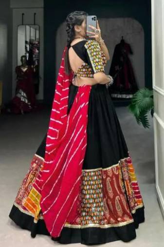 Vibrant Black Lehenga with Multi-Print Patchwork and Contrasting Red Dupatta