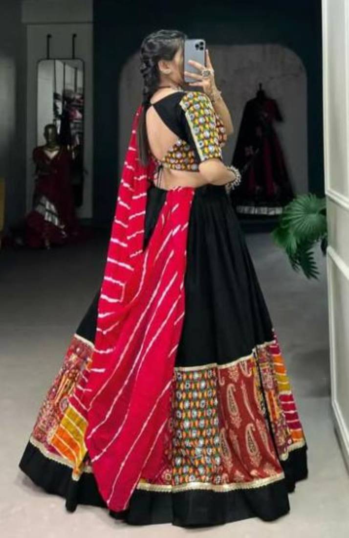 Vibrant Black Lehenga with Multi-Print Patchwork and Contrasting Red Dupatta