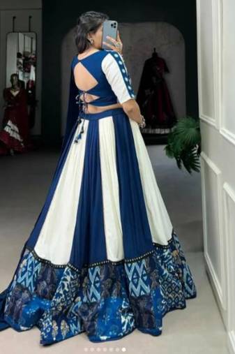 Graceful Blue and White Traditional Lehenga with Intricate Block Print and Embellished Borders