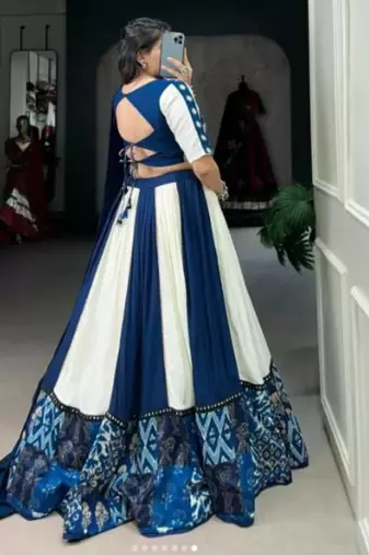 Graceful Blue and White Traditional Lehenga with Intricate Block Print and Embellished Borders