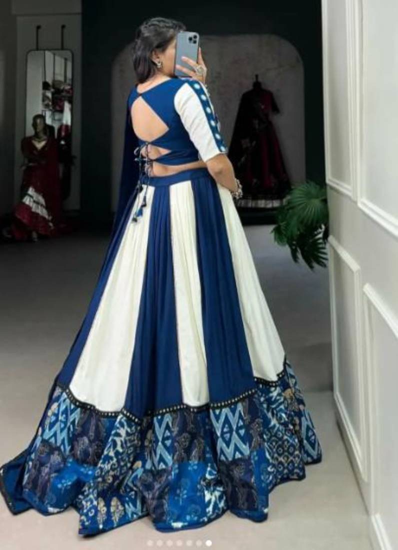 Graceful Blue and White Traditional Lehenga with Intricate Block Print and Embellished Borders